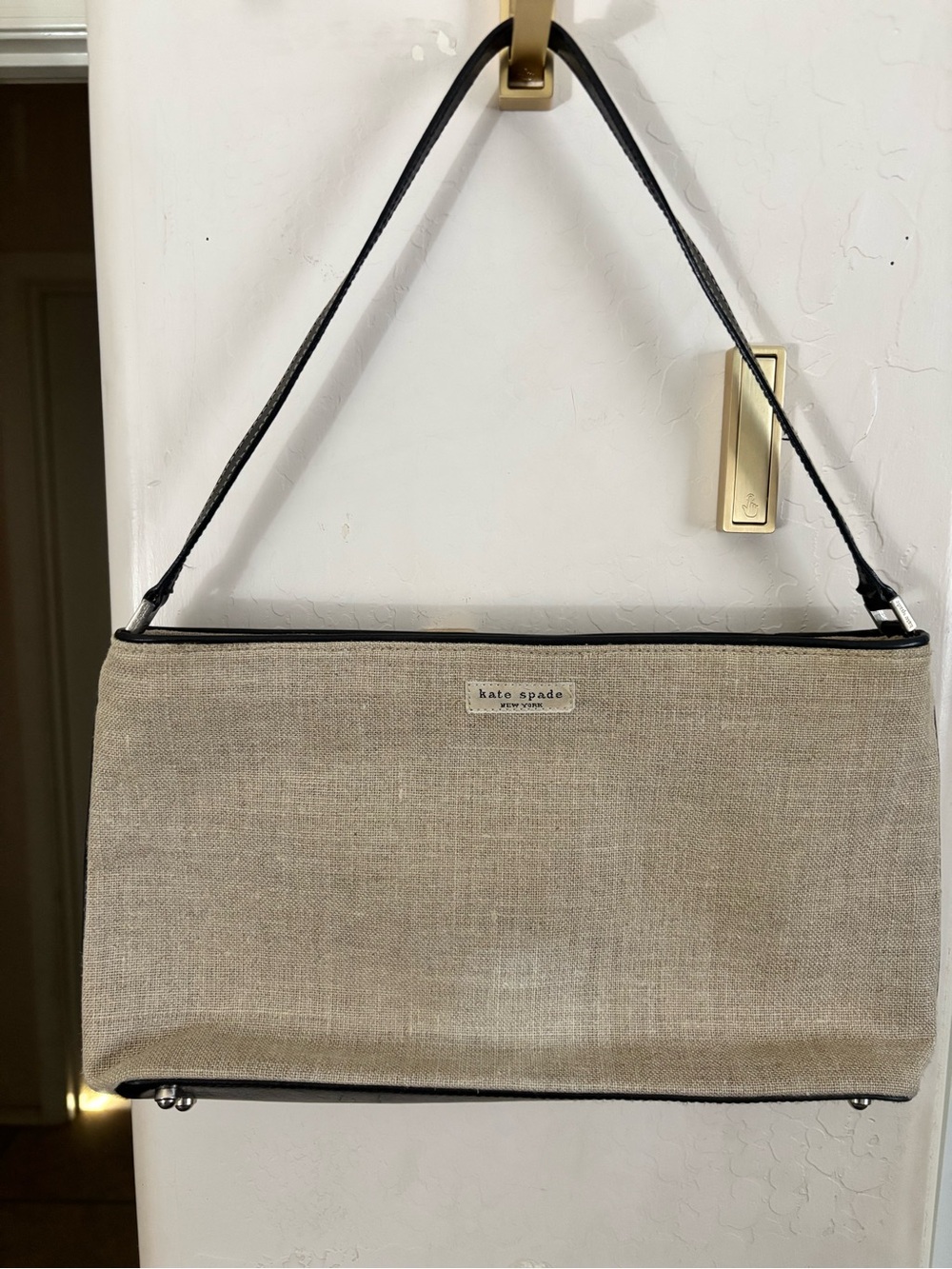 Excellent condition Kate Spade baguette Neutral Canvas Shoulder Bag w Black Trim